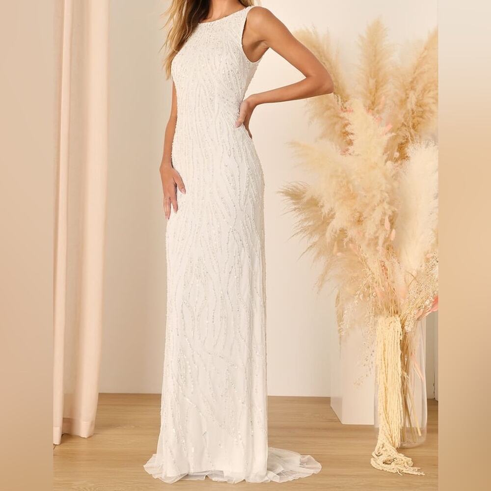 Lulus Glamourous Ever After White Sequin Beaded Backless Maxi Dress Women’s Sz M